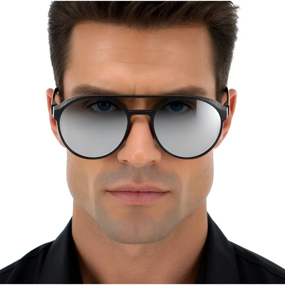 Mens Steampunk Outfit Sunglasses Matte Black Silver Mirror Lens Side Shields New